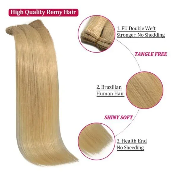 New Clip-In Hair Extensions 120g 8pcs Blonde Kinky Straight Human Hair 20 #613